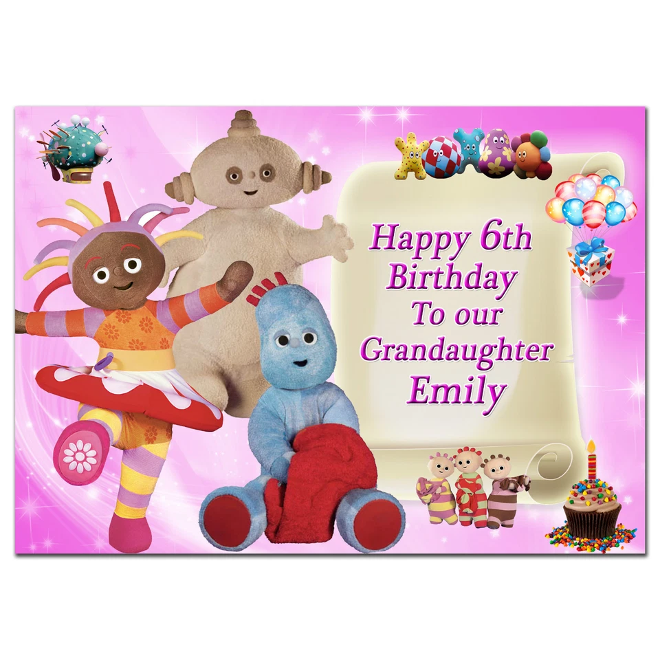 c222; Large Personalised Birthday card; for any name; In the Night Garden Pink