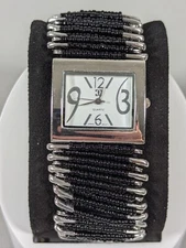 Charming Charlie White Dial Silver Tone Rectangle Case Safety Pin Stretch Watch