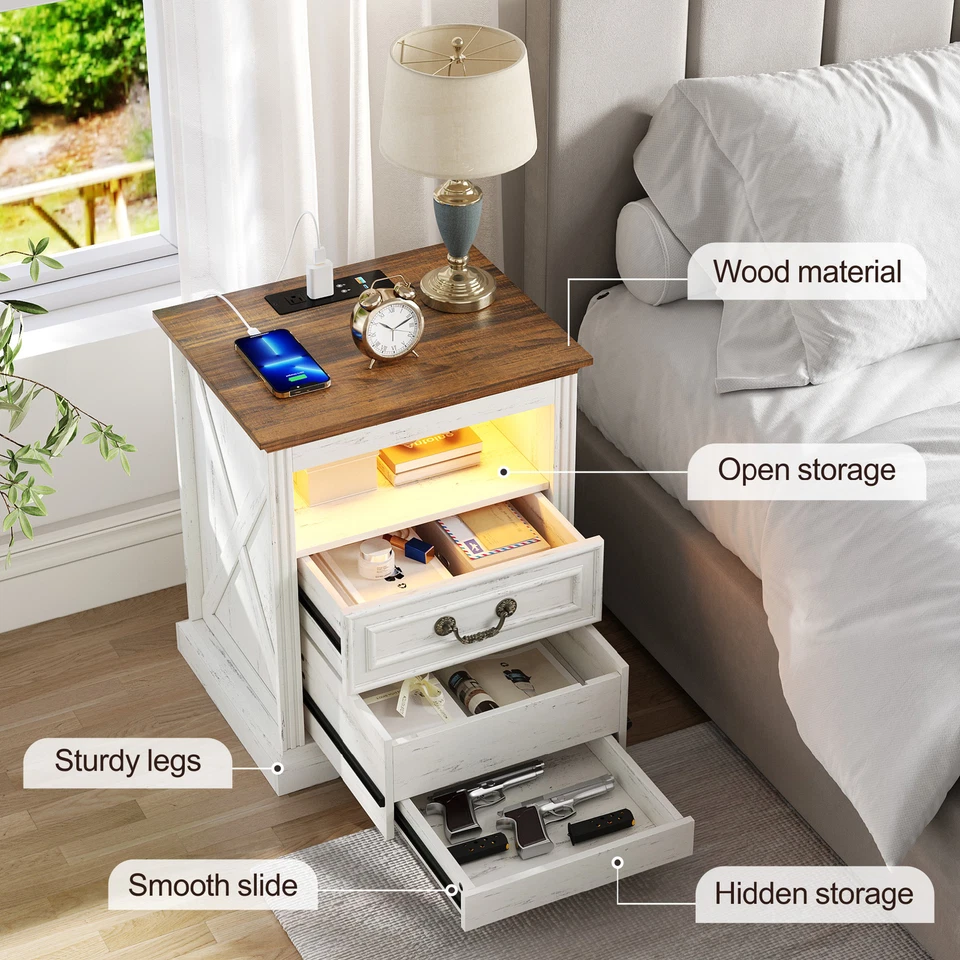 Mesita de noche con cajón de pistola Mesita de noche con luz LED con estación de carga Foto 2 de 4