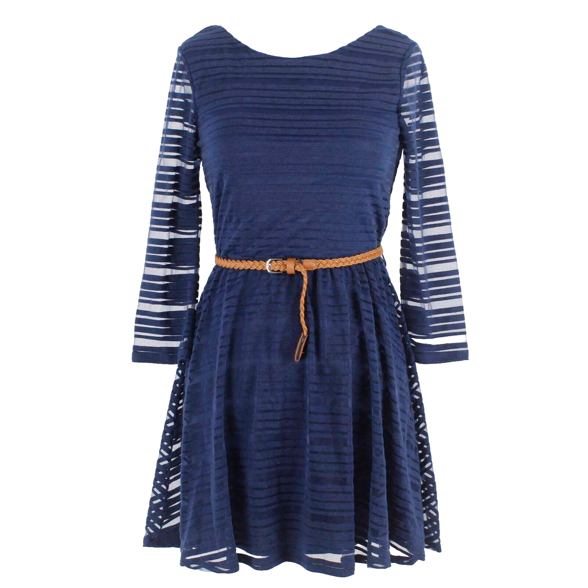 navy blue dress with tan belt Blue Dress Brown Belt Dress Two-material Sleeveless Midi Dress With Belt  Women's Fashion