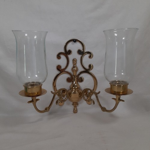 Vintage Brass 2-Arm Wall Candle Sconces w/ Hurricane Globes & Candles