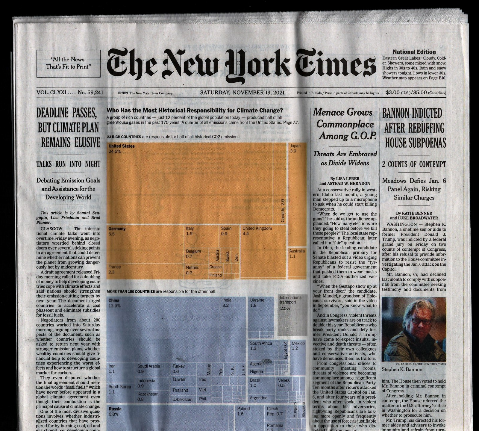 New York Times, Sat Nov 13 2021, Steve Bannon Charged, Britney Spears 122721WEEM