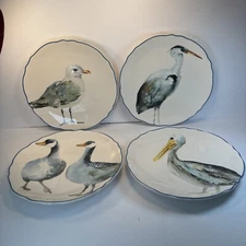 PIER 1 Imports Set of 4 COASTAL BIRDS Salad Plates 8.5" Scalloped Edge Blue Trim