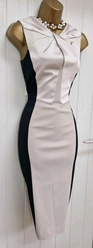 Vestido Karen Millen Beige Nudo Cuello Negro Ilusión Movible Lápiz Ocasión Reino Unido 10 - Imagen 2 de 16