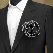 NEW - Men's 2-in-1 Pouf Round Pocket Square - Black Satin with White Trim