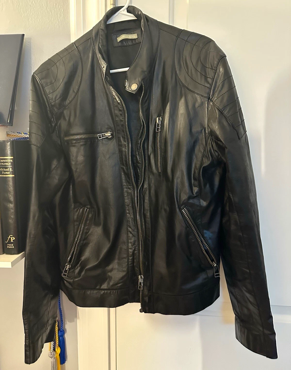Men's Black High Quality Genuine Leather Biker Jacket Full Zip, Size L image 2