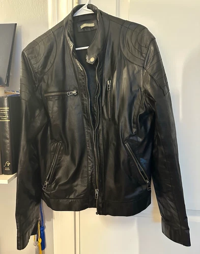 Men's Black High Quality Genuine Leather Biker Jacket Full Zip, Size L image 2