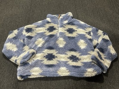 Thread & Supply Jacket Womens Medium Blue White Super Soft Sherpa 1/4 Zip Jacket