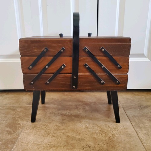 Wood Sewing Box Accordion 3 Tier Fold Out Chest Mid Century Modern Vintage