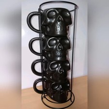 TAZAS CALAVERA HALLOWEEN CALAVERA PIRATA - JUEGO de 4 W RACK - CAJA SELLADA NUEVA - #D