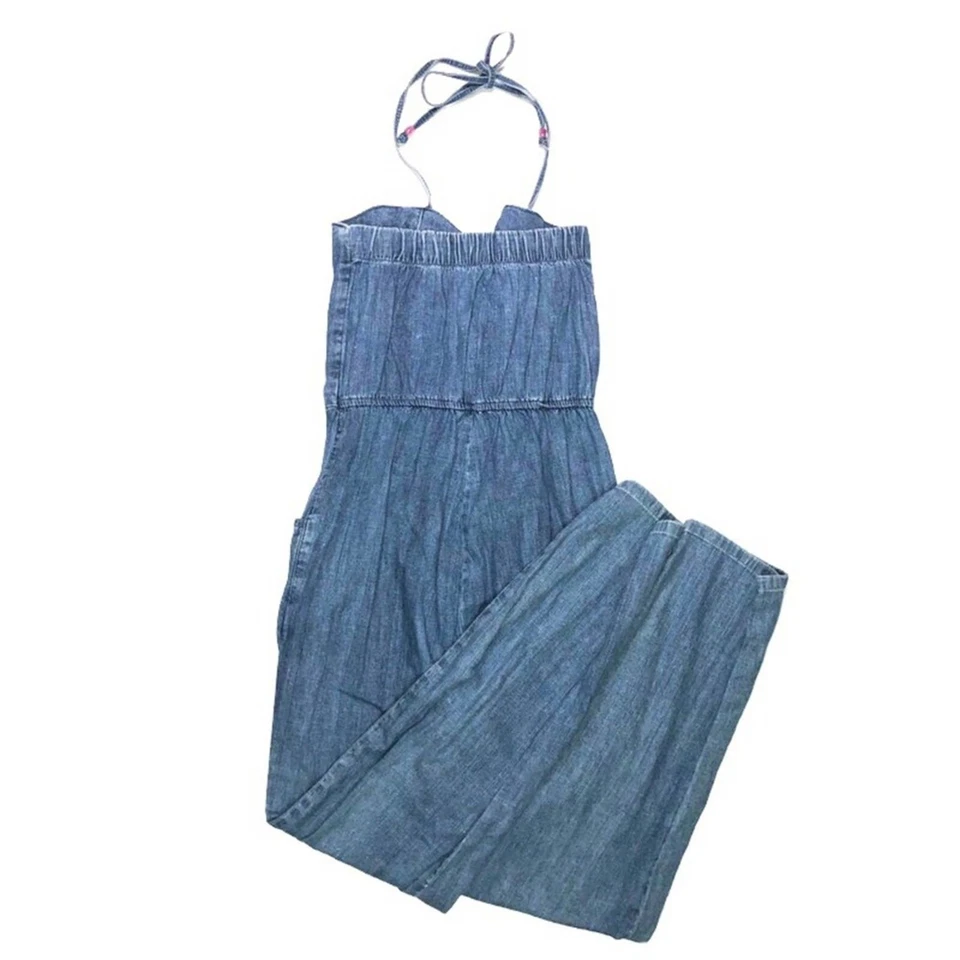 Wildfox Kiera Denim Halter Tassel Bead Jumpsuit Size Small - Image 2 of 4