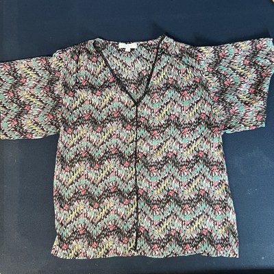 Suzanne Betro Weekend Sheer Blouse Size L Multicolor Ikat Print Flutter 
