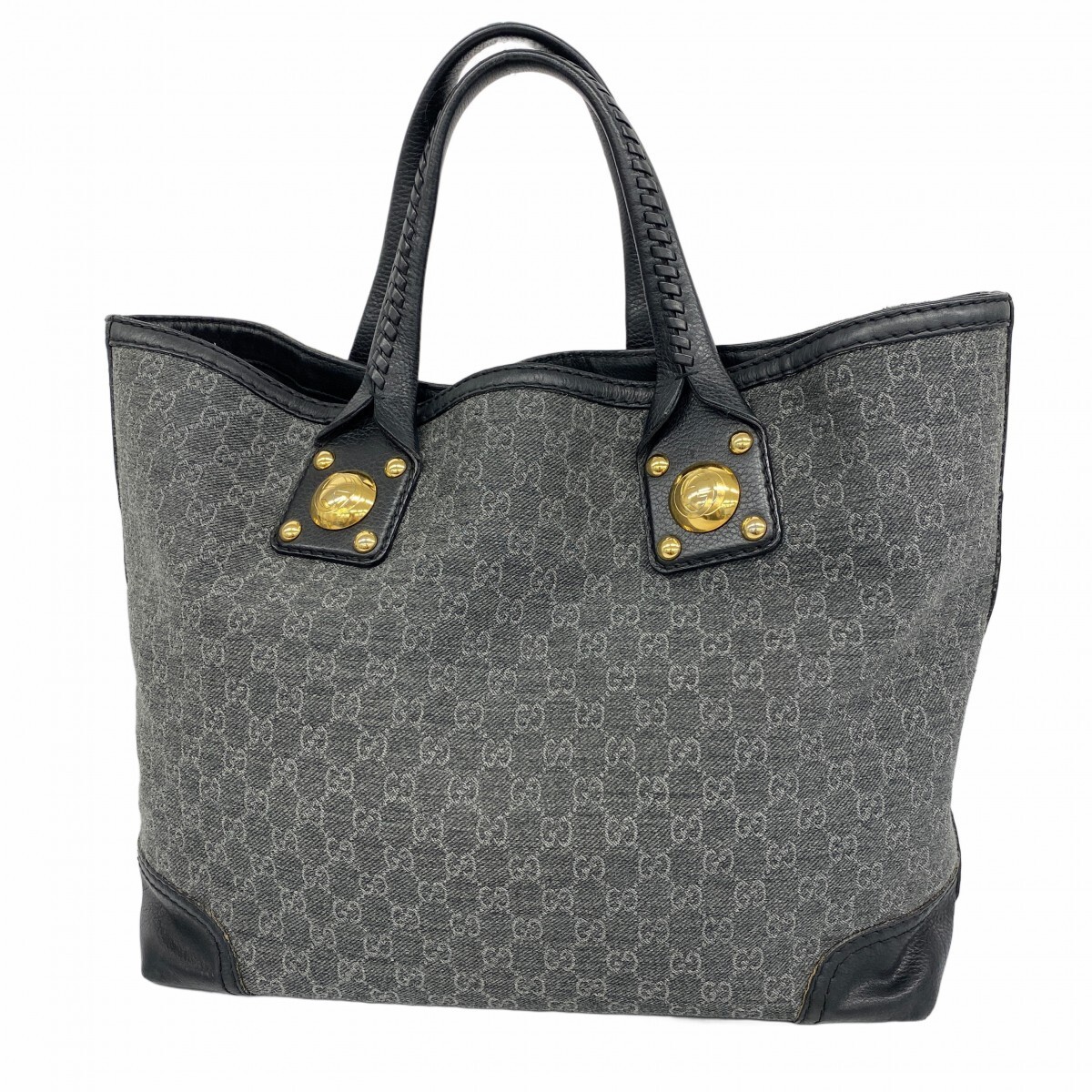 GUCCI Canvas Leather Tote Bag in Gray with Black Gold Hardware 232954 350959