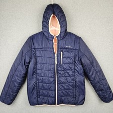 Eddie Bauer Kids L 14/16 Reversible Puffer Jacket Navy Blue Baby Pink Fur Sherpa
