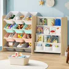 Kids Toy Storage Organizer with Bookshelf - 12 Multi-Color Bins and 4 Book Sh...
