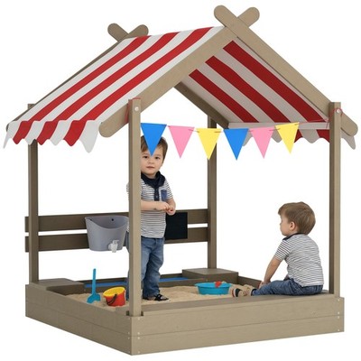 Outsunny Sandkasten mit Baldachin, Tafel, Spielzeug, Waschbecken, Sitze, Fahnen für Kinder