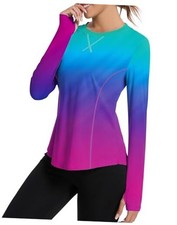 Women UPF 50 UV Shirts Long Sleeve with Thumb Holes Large Gradient Rainbow