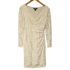 Lauren Ralph Lauren V-Neck Lace Long Sleeve Dress Cream 6