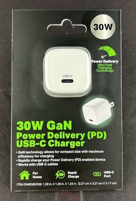 30W GaN USB-C PD Charger Fast Charging Adapter USB-C Wall Plug White