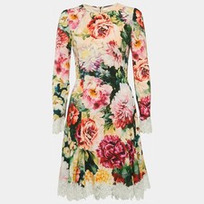 Dolce Gabbana Pink Floral Print Crepe Lace Trim Short Dress M