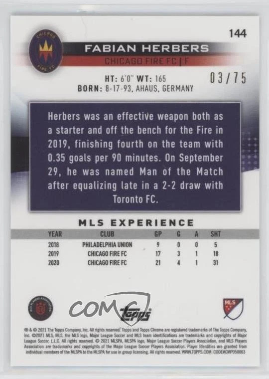 2021 Topps Chrome MLS Sapphire Edition Green /75 Fabian Herbers #144 - Image 2 of 2