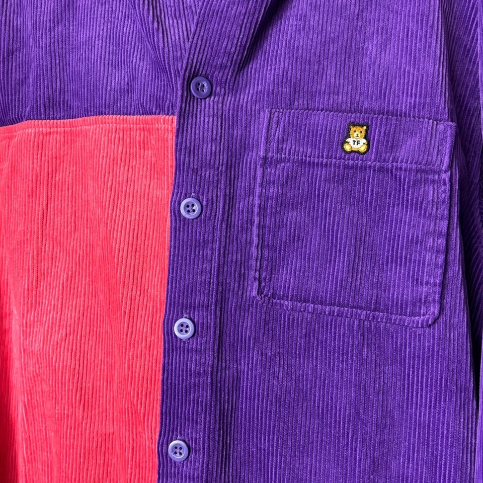 Teddy Fresh size Large Corduroy Button Front Shirt Shacket Hoodie Colorblock - Image 3 of 4