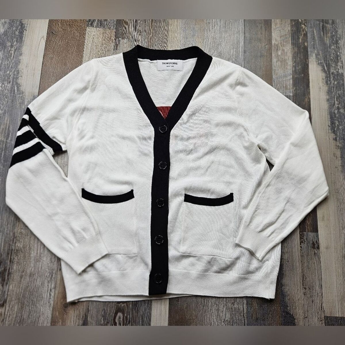 Thom Browne Classic 4 Bar V-Neck Cardigan Women's Small Dog Thom Browne Classic 4 Bar V-Neck Cardigan Women's Small Dog