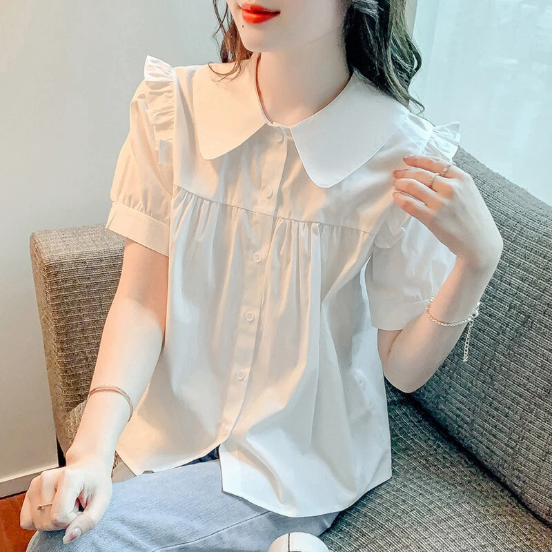 Summer Sweet Peter Pan Collar Vintage Shirt Women Casual Short