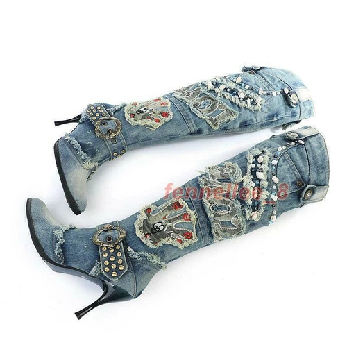 Botas hasta la rodilla de mezclilla con estrás para mujer parche remache tacones de aguja tacón punta puntiaguda - Imagen 3 de 8