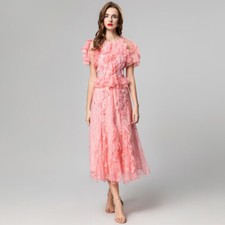Women's Round Neck Short Sleeve Summer Embroidered Bead Lace Ruffle Edge Dress