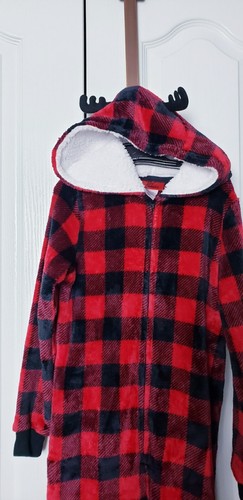 Jolly Jammies Pajamas Girls Size M Medium 8 Zip Reindeer Hoodie Red Black Plaid - Picture 3 of 5