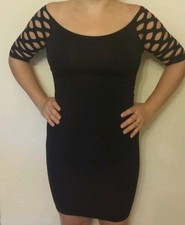 Sexy Black Fishnet Mesh Shoulder Seamless Stretch Clubwear Dress OSFM QCO