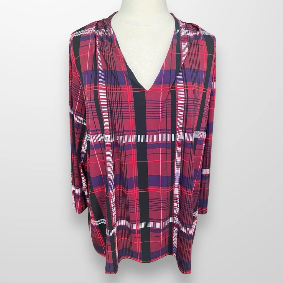 Blusa Top Túnica Liz Claiborne Mujer Talla 2X Elastizada Slinky Viaje Cuadros Foto 2 de 4