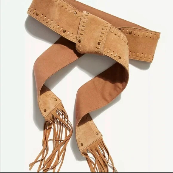 Free People Blaire Suede Fringe Wide Wrap Belt Studded Tie Waist Belt O/S Ochre Free People | Accessories | Freepeople Blaire Fringe Wrap  main image 4