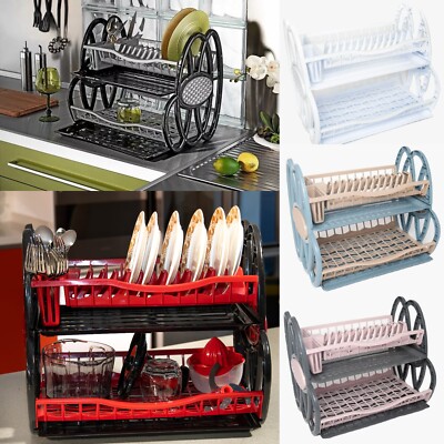 Tier Double Dish Drainer Rack Large Plate Cutlery Cup Holder Plastic  Trays UK