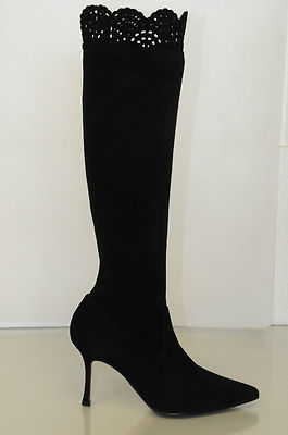 Bottes Manolo Blahnik Pafatolo - Talon Haut - Marine - Daim Extensible - Pointures 34,5 à 38