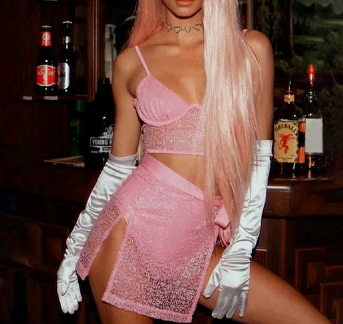 Clubwear Pink Mesh See Through Glitter Outfit Top Skirt Set Backless Crop  Top | eBay