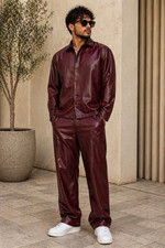 Cool Men’s Leather Shirt & Pant Outfit Set Premium Leather Burgundy Outfit Set