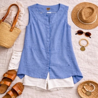 Adolfo Dominguez Linen Sleeveless Tunic Top Womens EU 36 US Small Blue