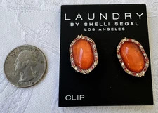 Laundry by Shelli Segal Orange Gold Oval Rhinestone Trim CLIP Earrings NWT