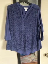 Rebecca Malone Women’s Large Navy Lace Front Tunic blouse Excellent Pullover