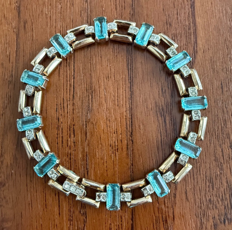 Vintage Crown Trifari Alfred Philippe Aquamarine Rhinestone Tennis Bracelet 1940
