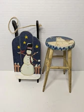 Primitive Snowman Sled Christmas Tree Ornament & Mini Stool Decoration Farmhouse