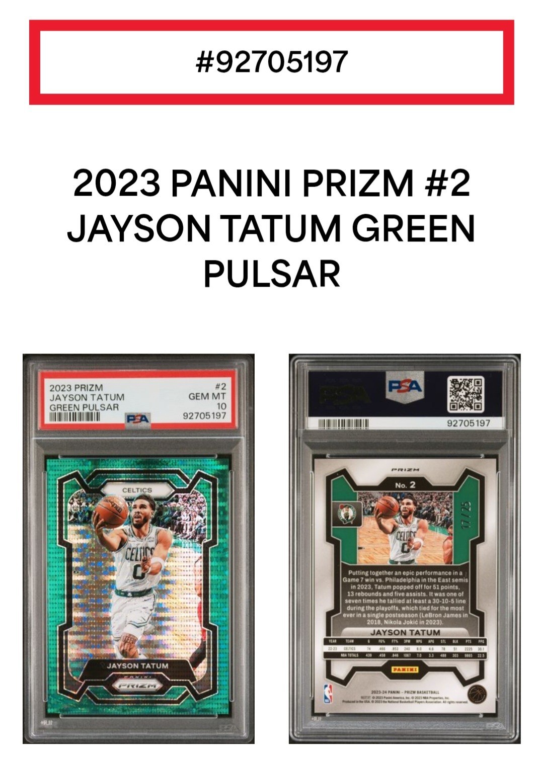 2023 Prizm Jayson Tatum #2 Green pulsar #/25   PSA 10 view 8