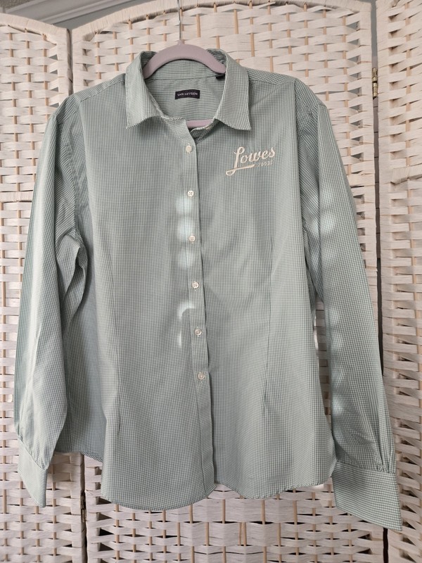 Womens Van Heusen Green & White Long Sleeve Button Top Embroidered Lowes Food XL