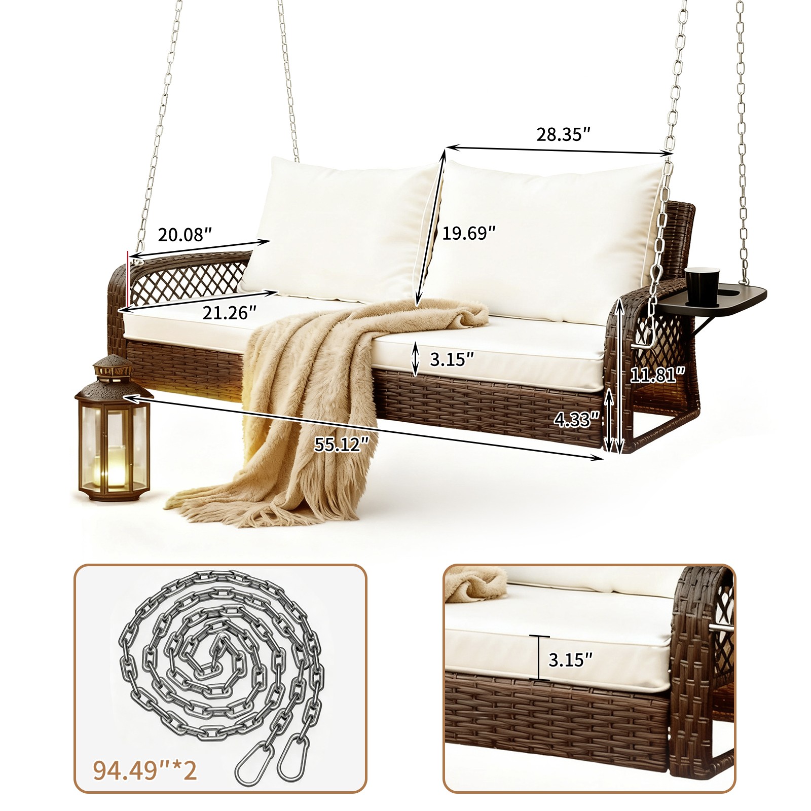 2-Seat Wicker Porch Swing Hanging Chair Outdoor Patio Swing Bench w/Side Table