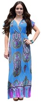 Sky Blue Paisley V Neck Maxi Dress Large Short Sleeve Elastic Waist