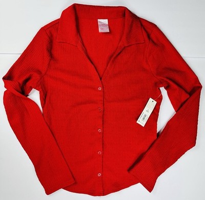 No Boundaries Textured Red Button Down Top Sz S Deep V-Neck 90s Office Siren NWT