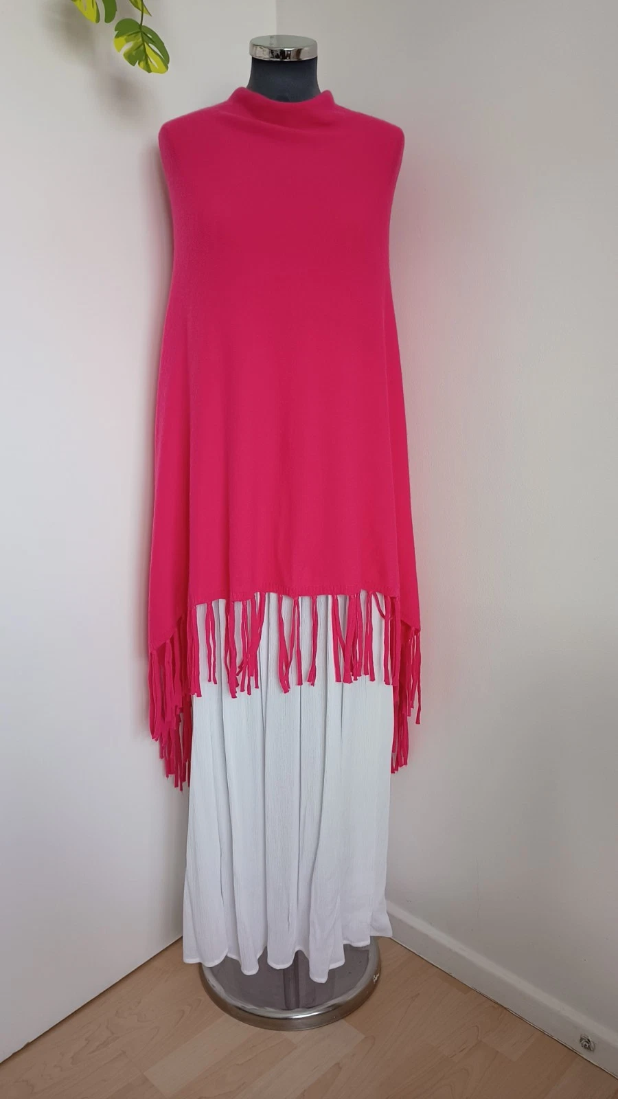 Soft Knit, Cowel Neck, Tasseled Poncho. Fuchsia.