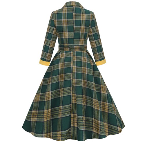 Ladies 1940s 50s Rockabilly Retro Plaid Midi Dress Long Sleeve Lapel Swing Dress - Picture 5 of 13